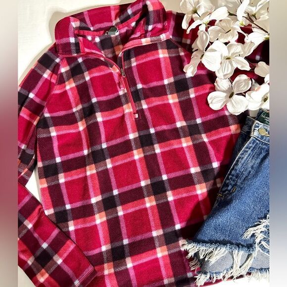 Eddie Bauer Pink/Orange Plaid Quarter Zip Fleece Pullover Sweatshirt - Picture 5 of 9